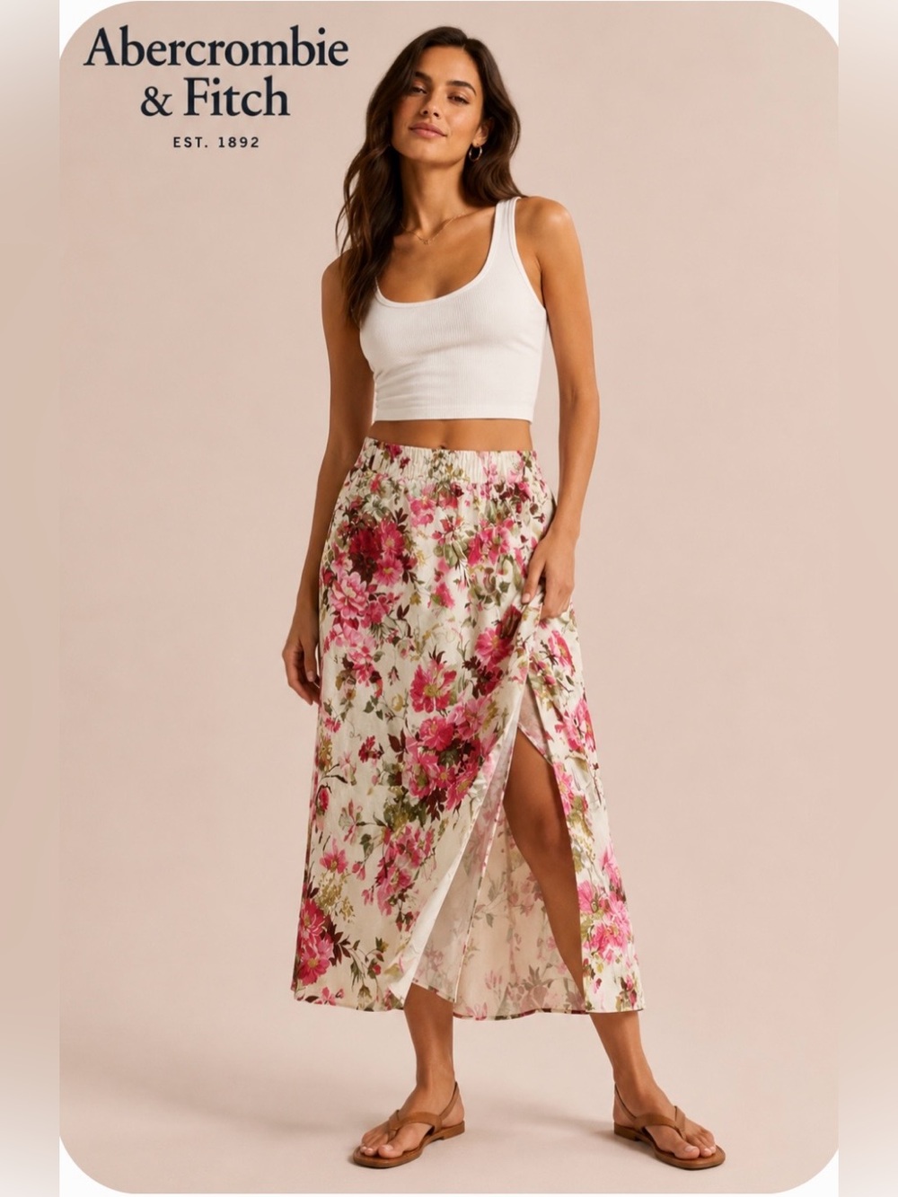 Abercrombie & Fitch White Midi Skirt with Pink Floral Print